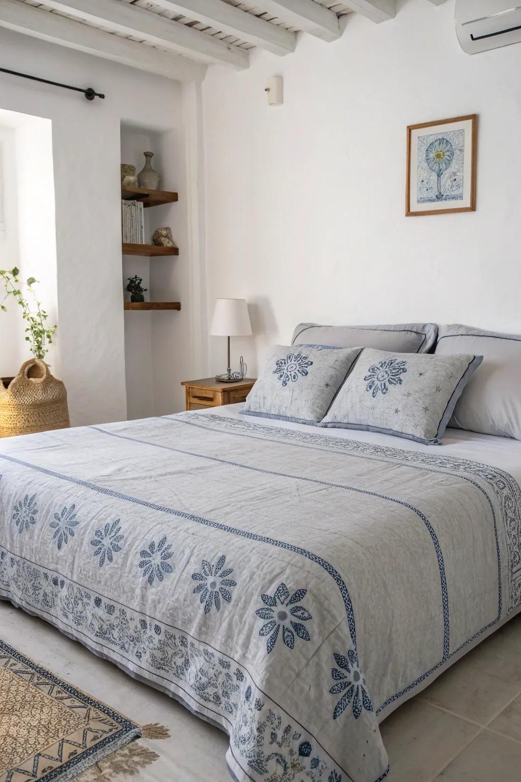 The inclusion of delicate blue patterns on grey bedding enhances the sophistication of this minimalist bedroom.