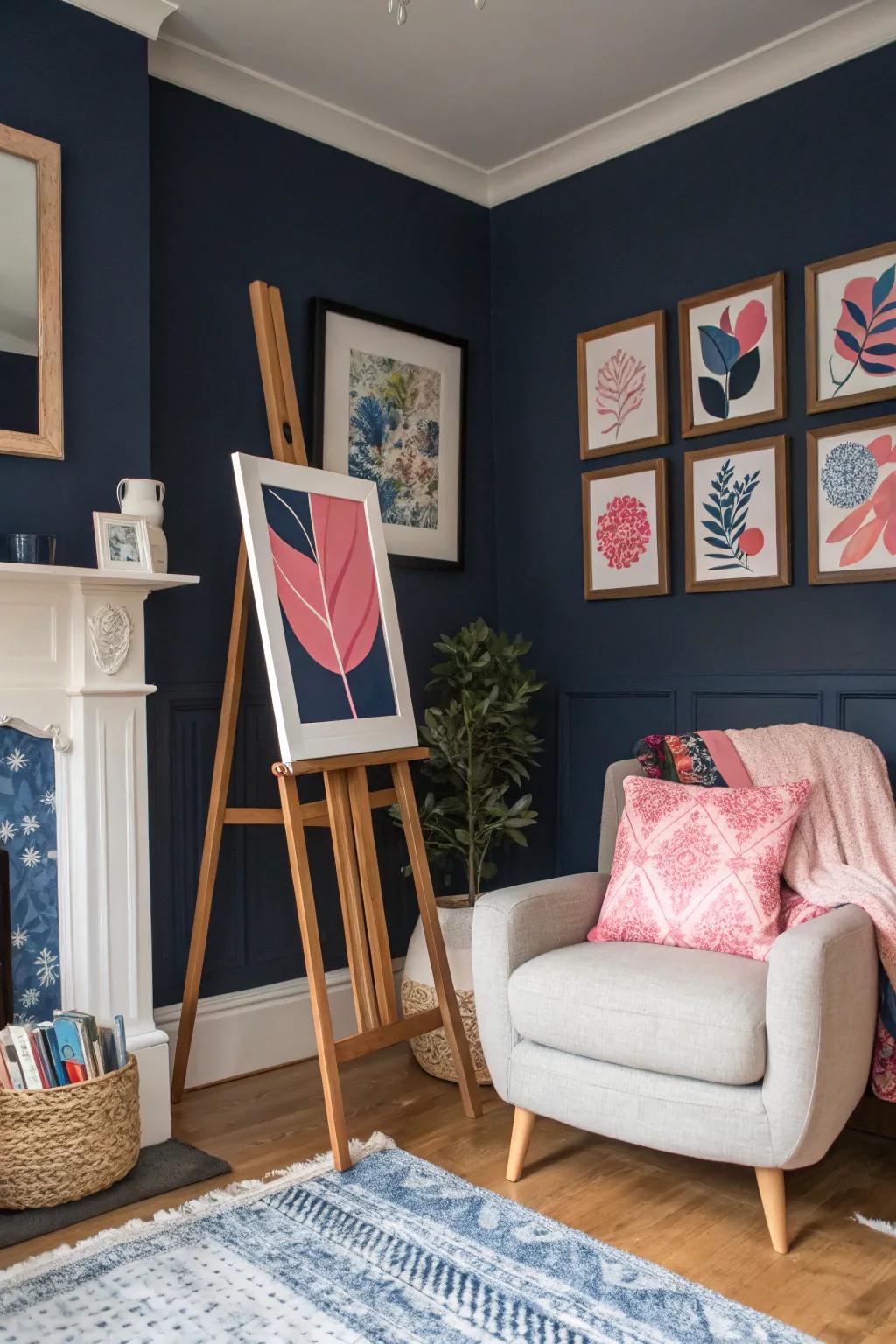 Art brings the navy and pink concept to life on your walls.