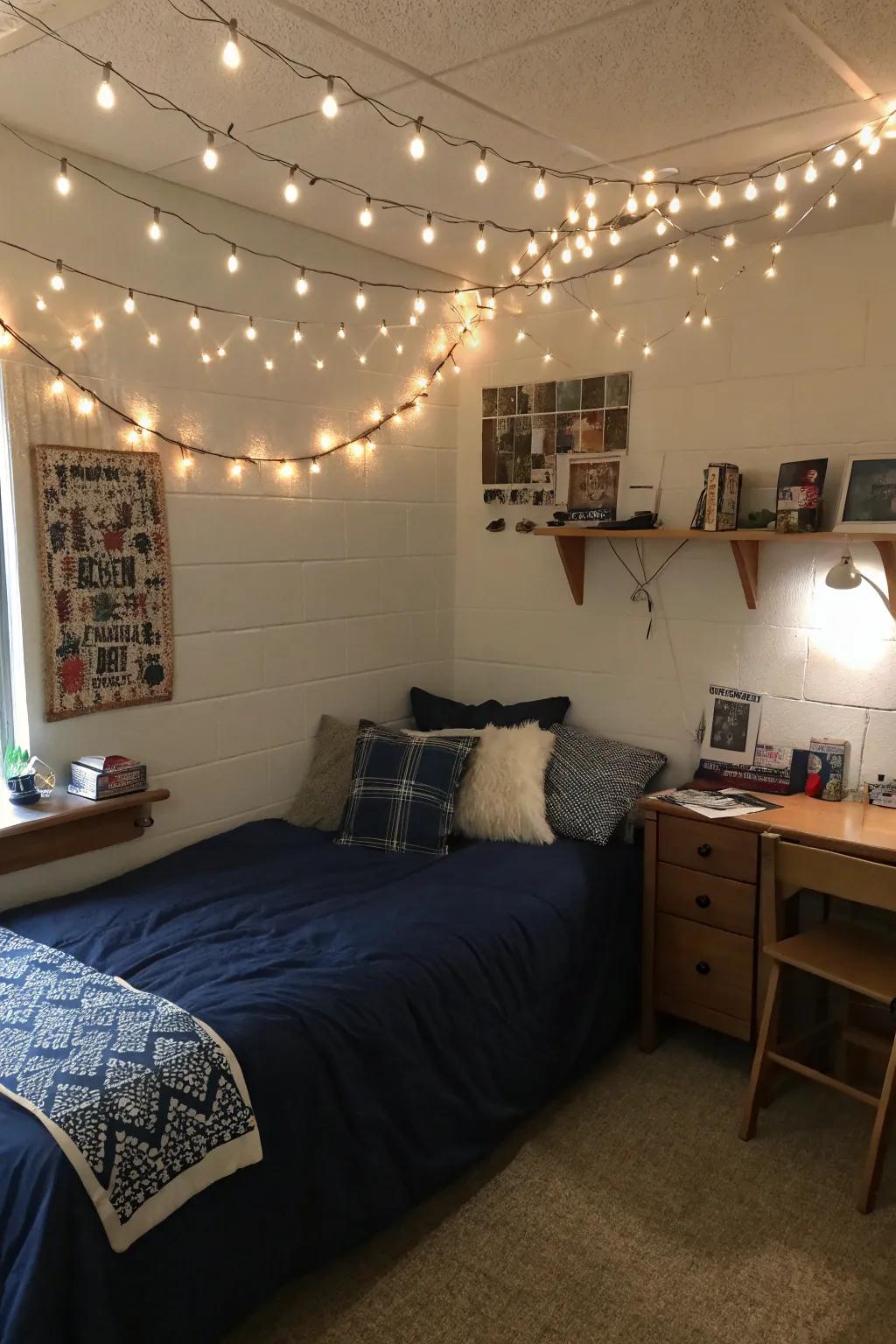 Twinkle lights contribute a magical element to your deep ocean blue refuge.