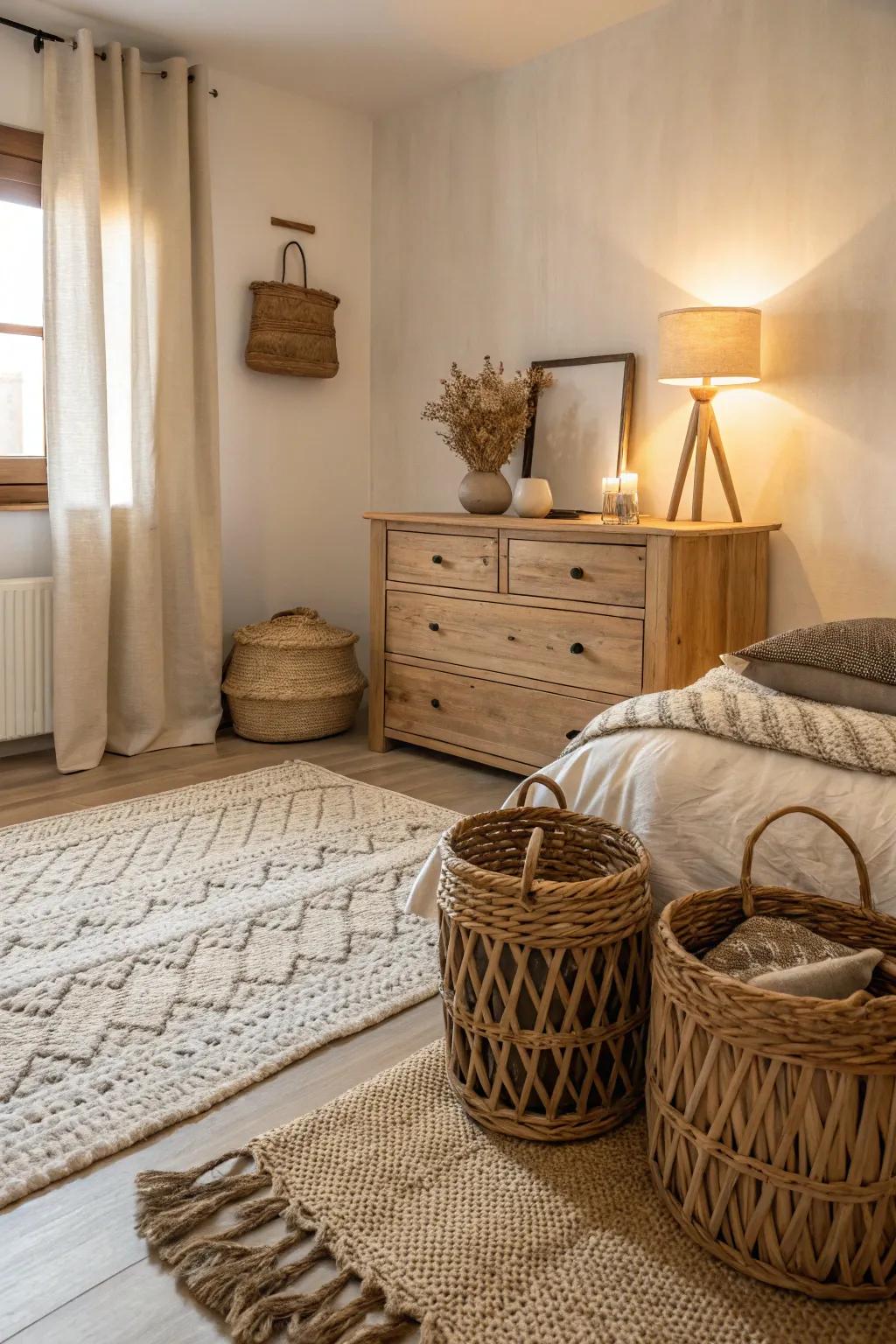 Natural elements add an earthy feel to the bedroom.