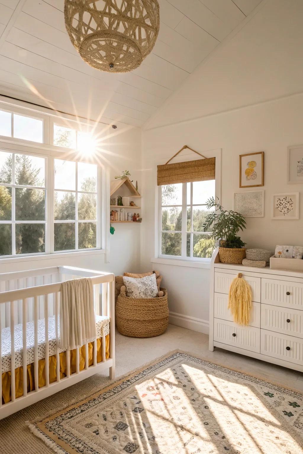 A bright and airy nursery with warm white tones.