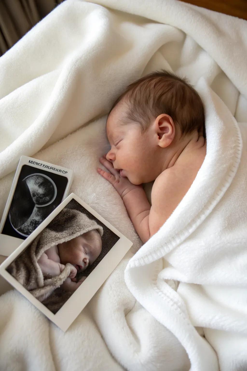 A newborn alongside their ultrasound photo, the story of life unfolding.