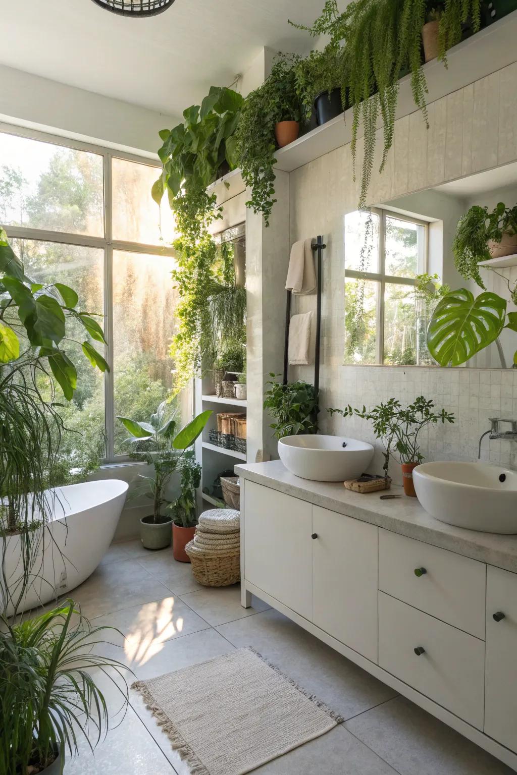 A lush bathroom with a variety of plants for a refreshing atmosphere.