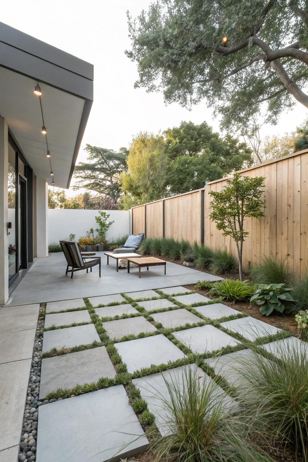 A streamlined and low-maintenance patio arrangement featuring concrete paving stones.