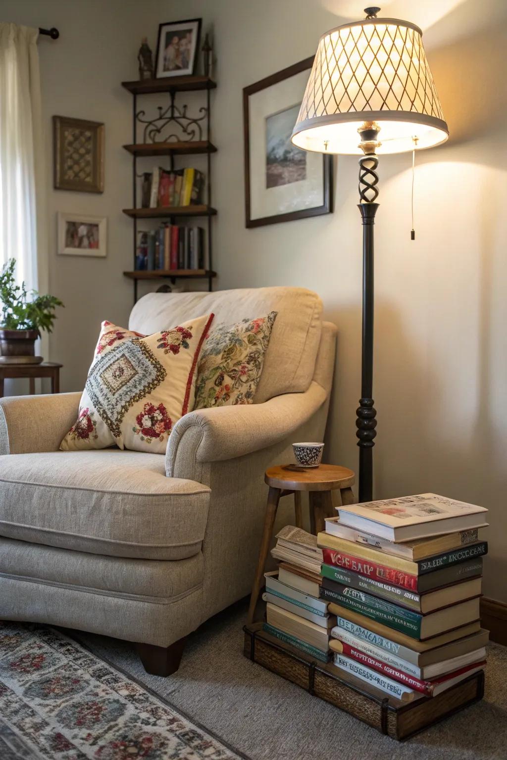 A designated reading nook inspires unwinding and knowledge acquisition.