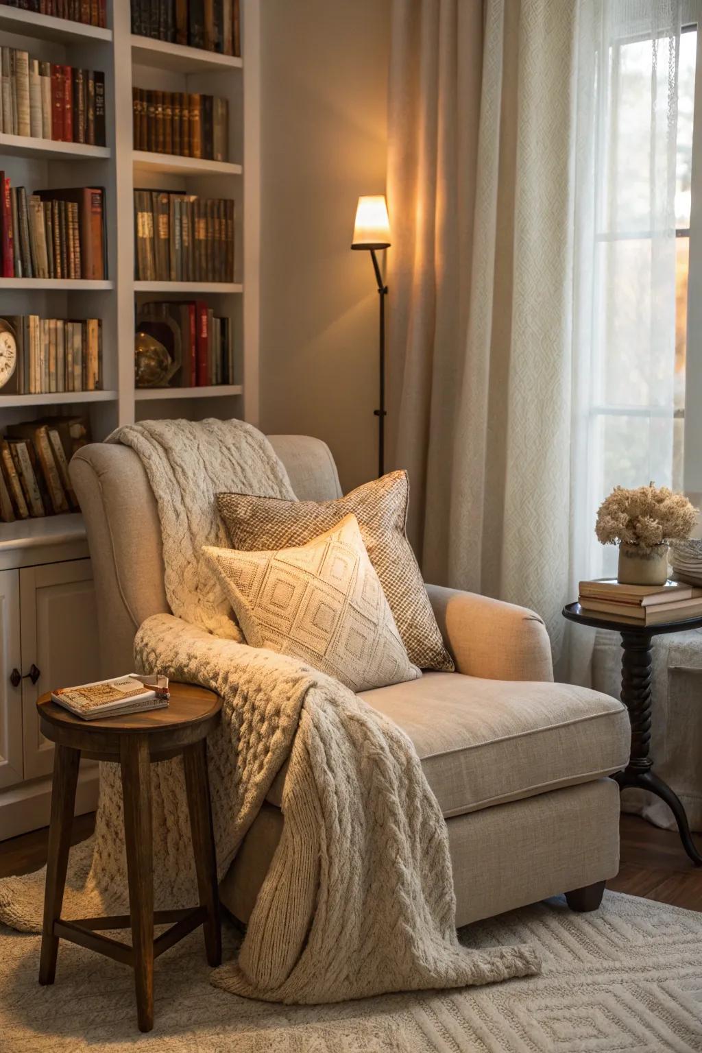 A nook enriched with plush textiles to amplify comfort and flair.