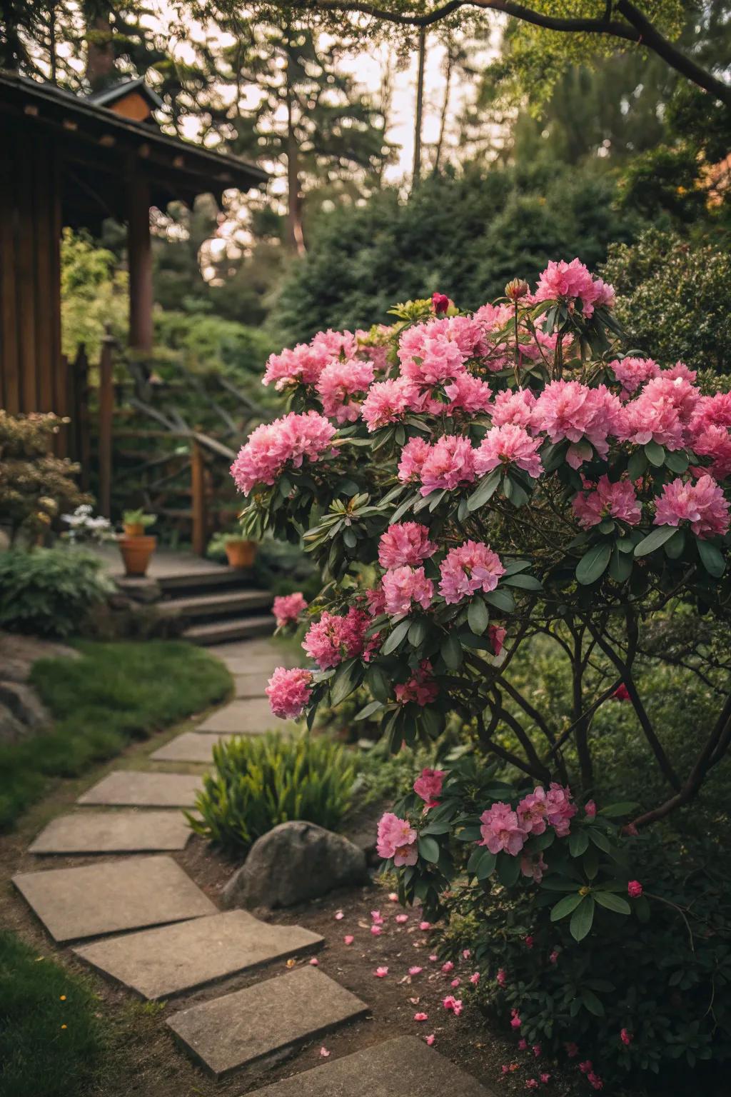 Rhododendrons contribute dramatic color with their striking, vibrant blossoms.