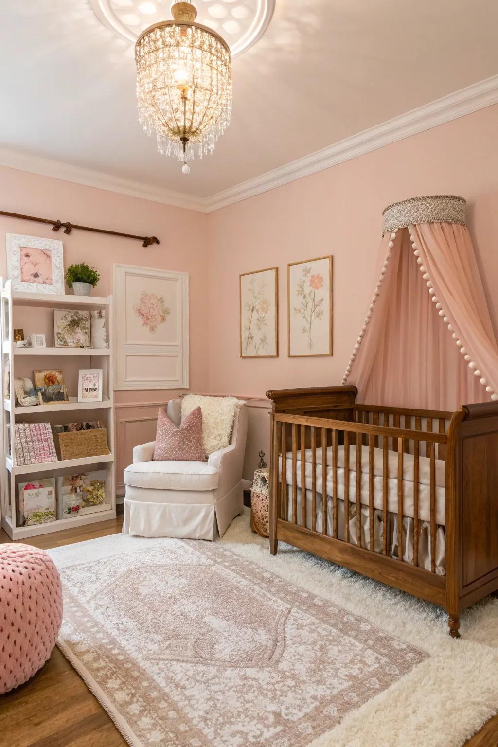 A cozy nursery with walls painted in delicate rose pink.