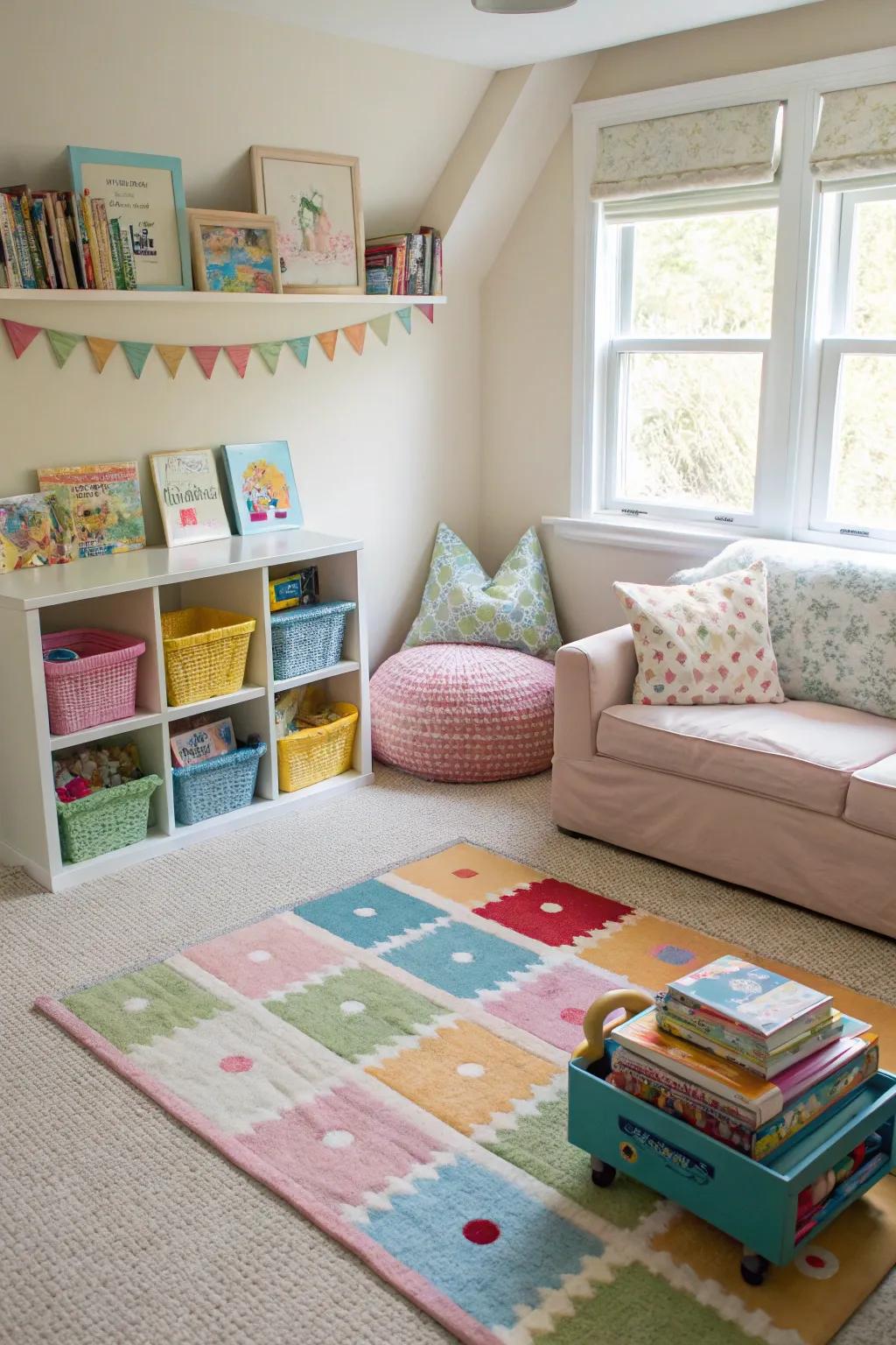 Floor coverings effectively distinguish between functional zones in the nursery.