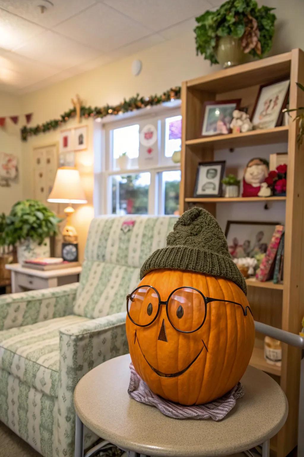 A pumpkin that has been transformed into a senior citizen is full of charm and personality.