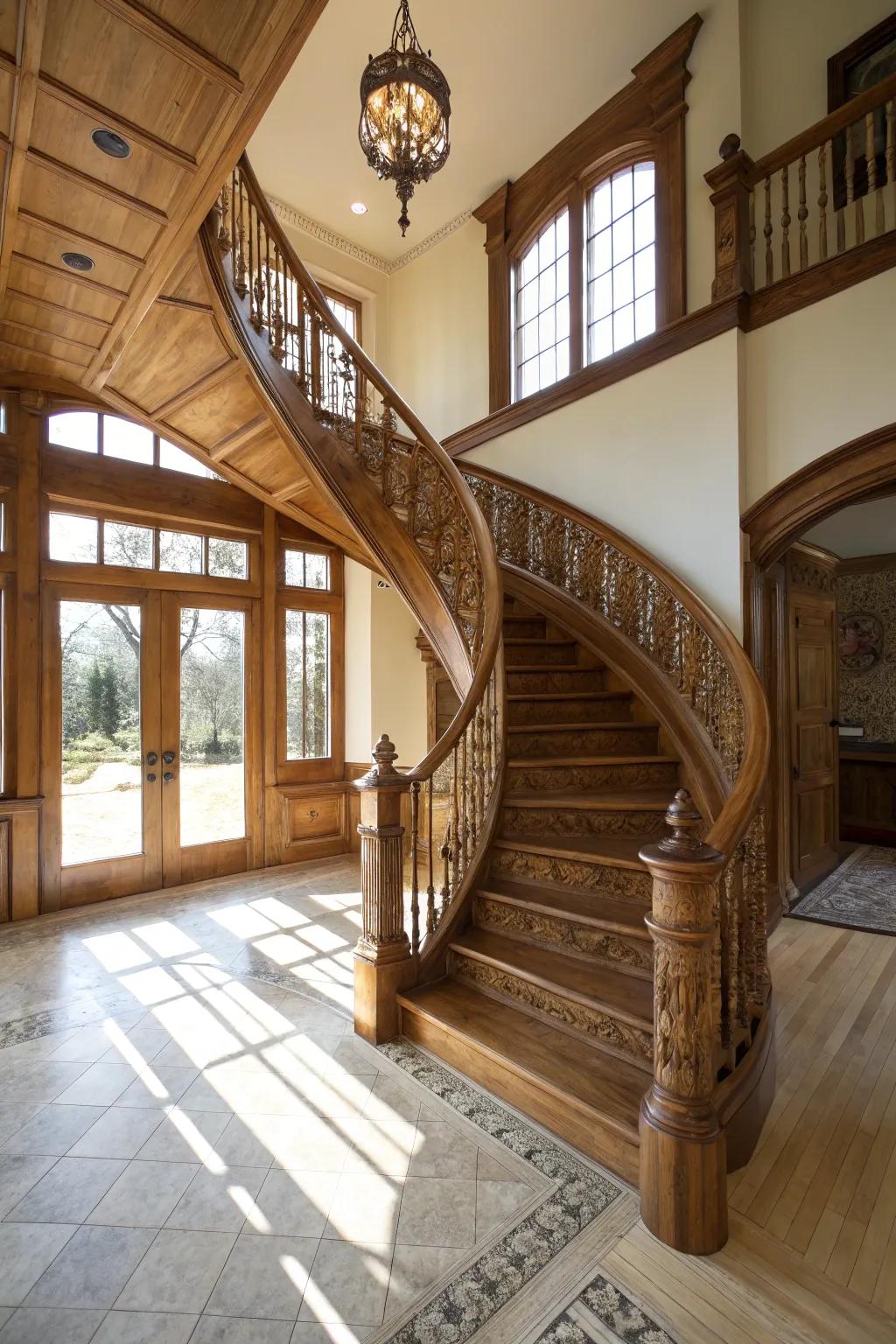 A mesmerizing coiled oak staircase that adds grace and charm.