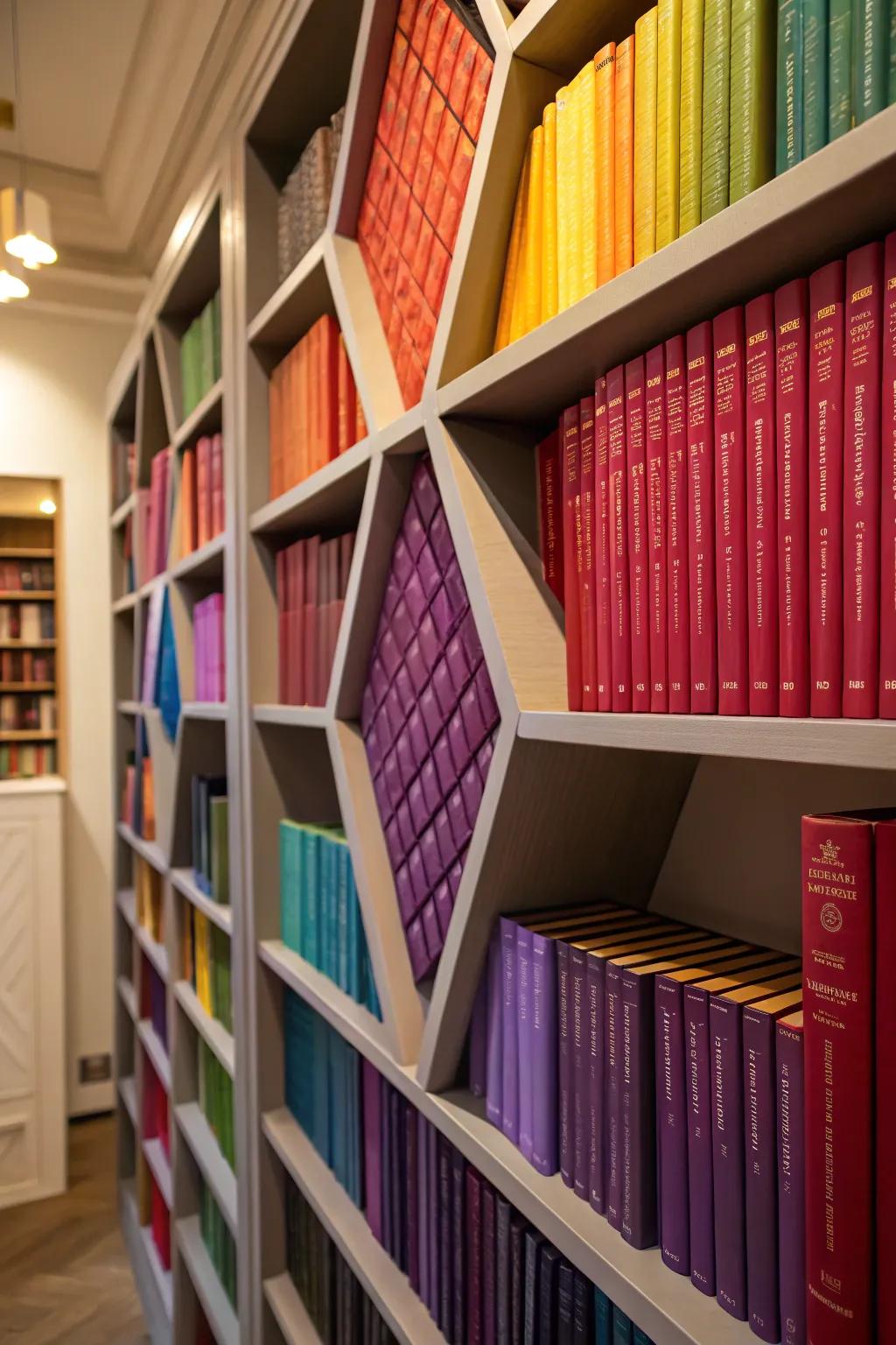 A colorful book display on octagon shelves.