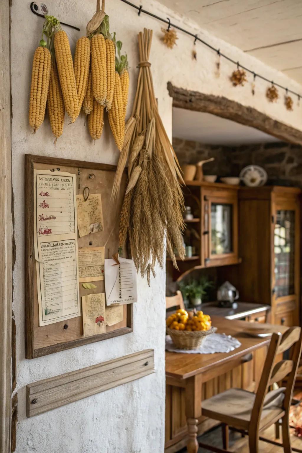 A rustic kitchen bulletin board styled with harvest elements.