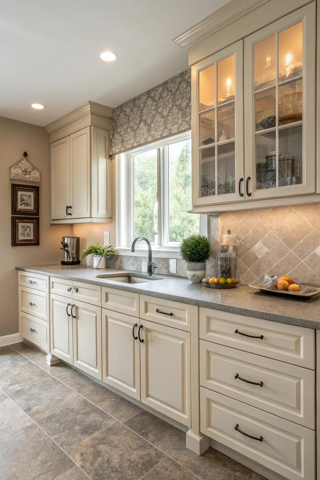 Soft shades blend perfectly with soft white cabinets.
