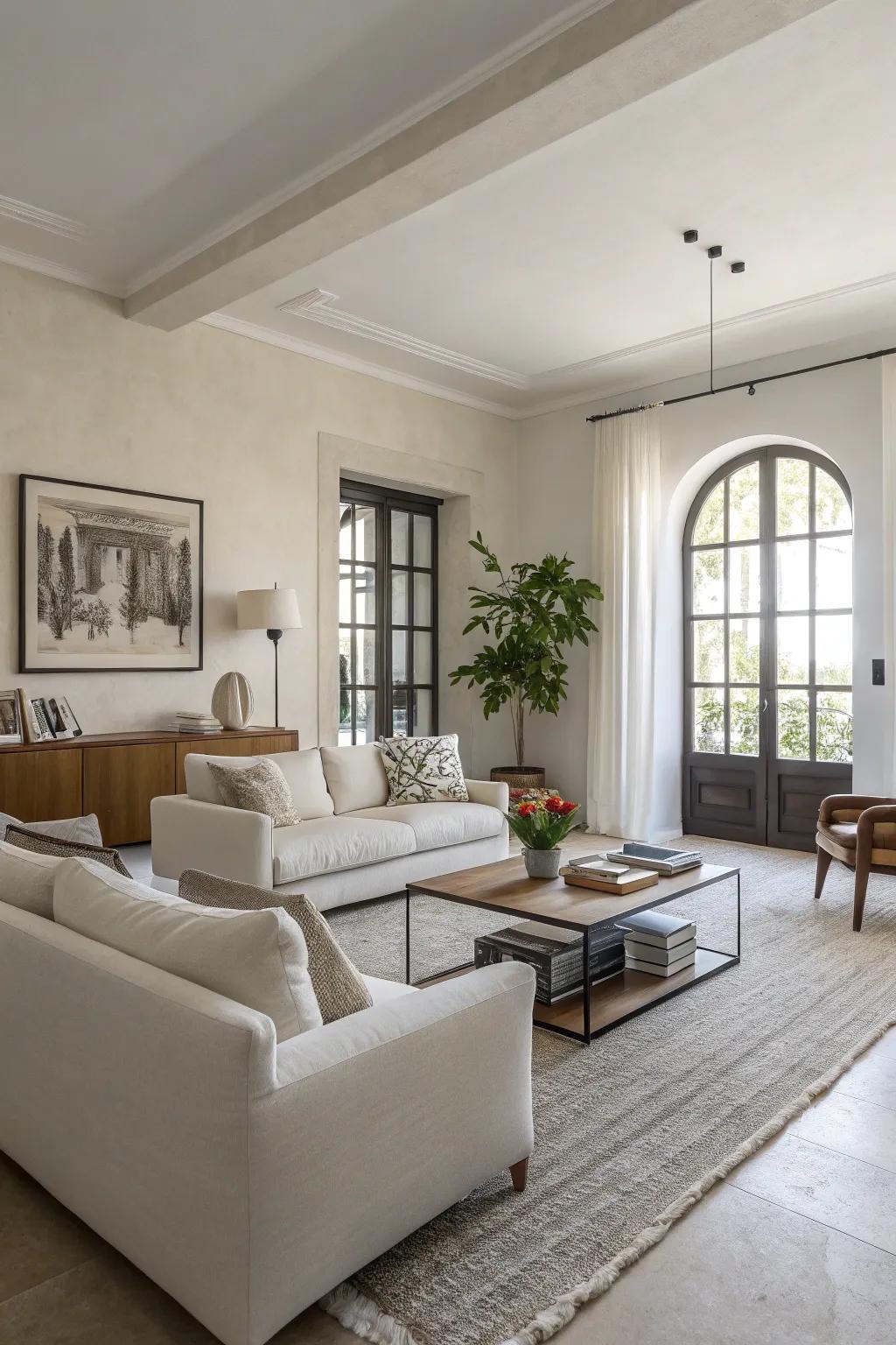 Understated design enhances the elegance of an off-white living space.