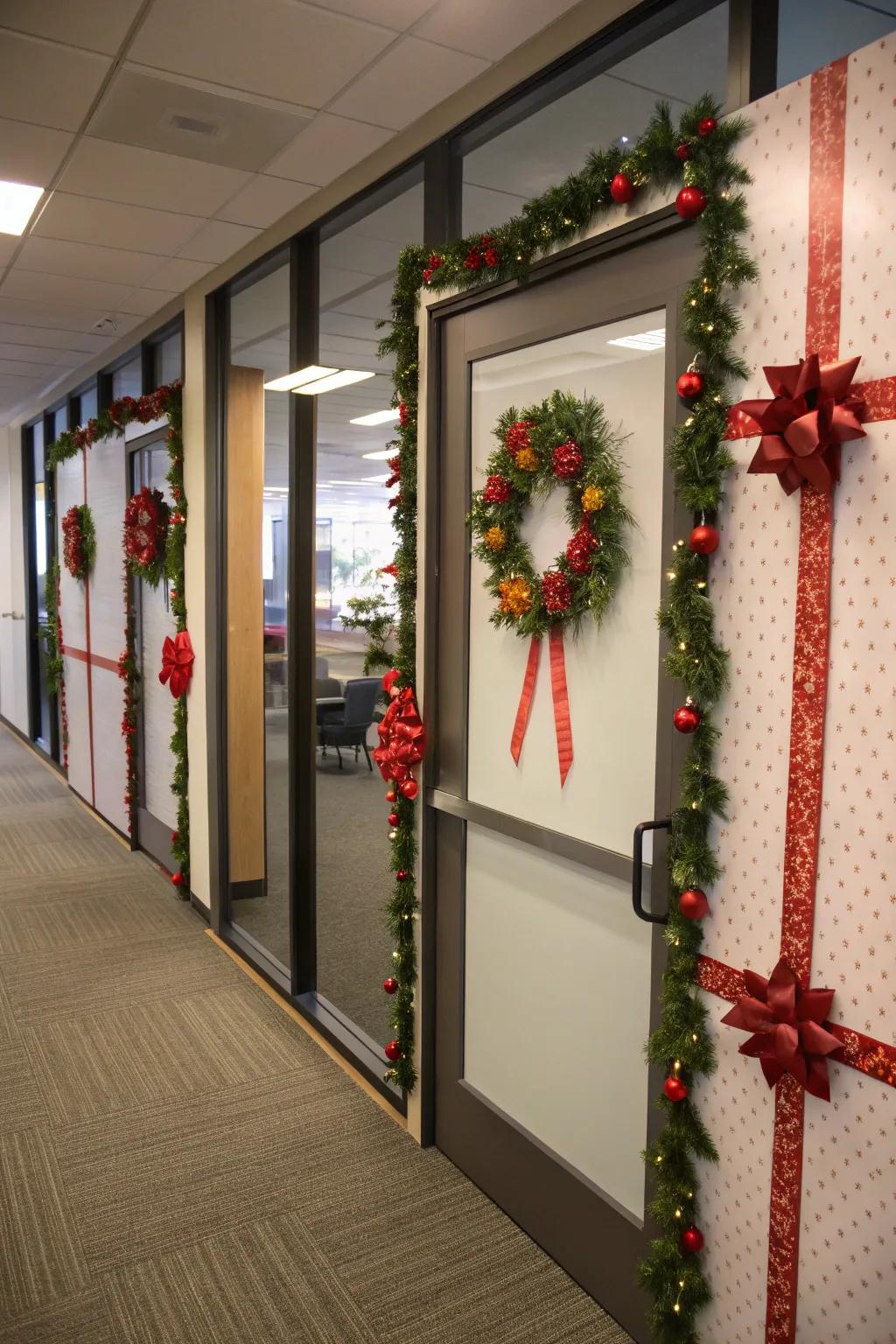 Office entrances converted into festive canvases.