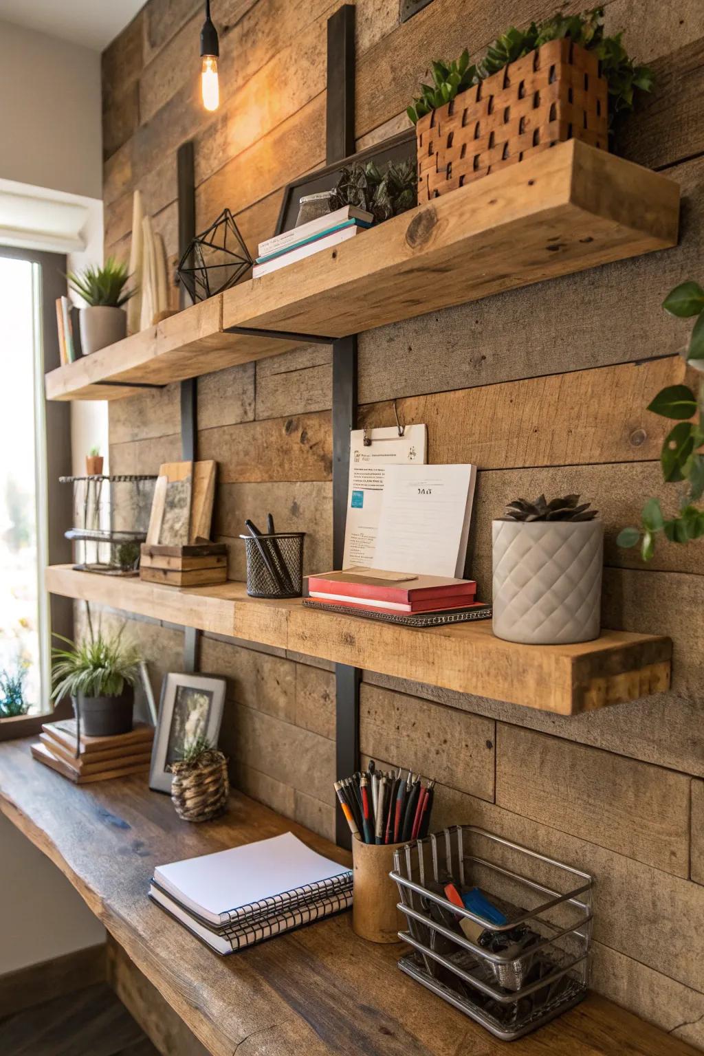 Salvaged wood racking presents countryside allure and sustainability.