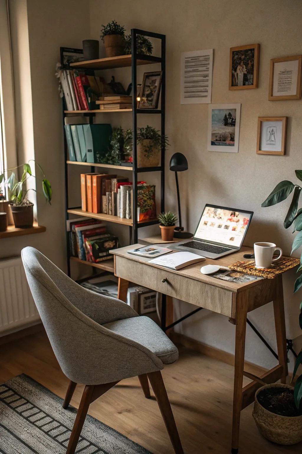 A cozy home office featuring personal and practical elements.