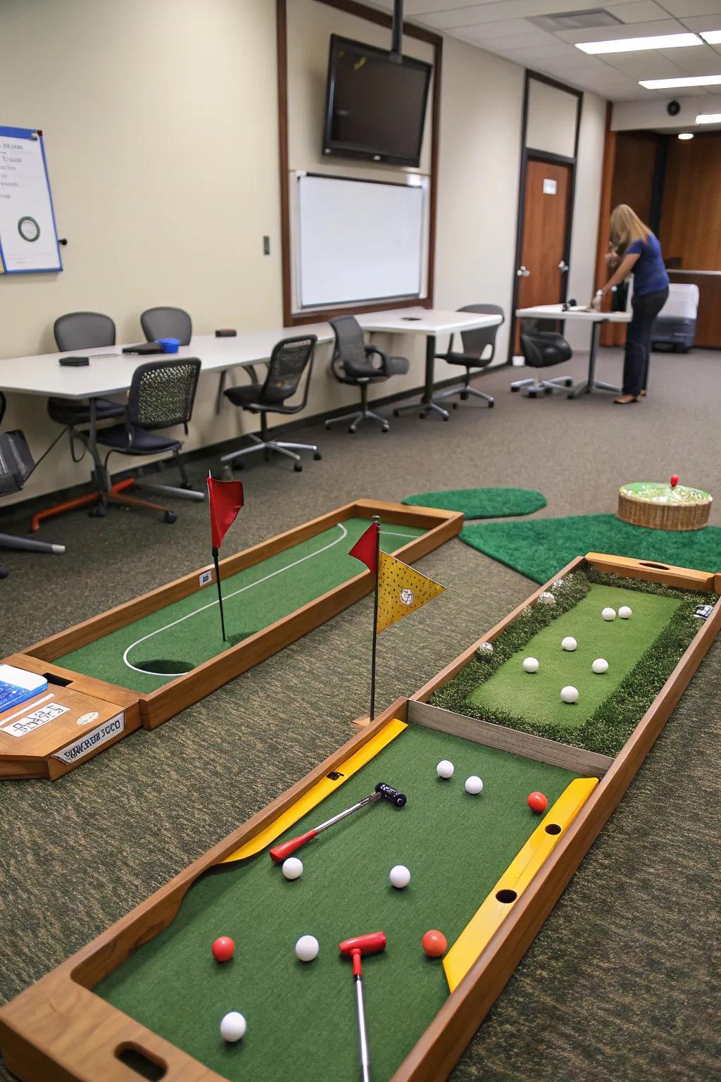 Conference rooms are transformed into stages for imaginative mini golf.