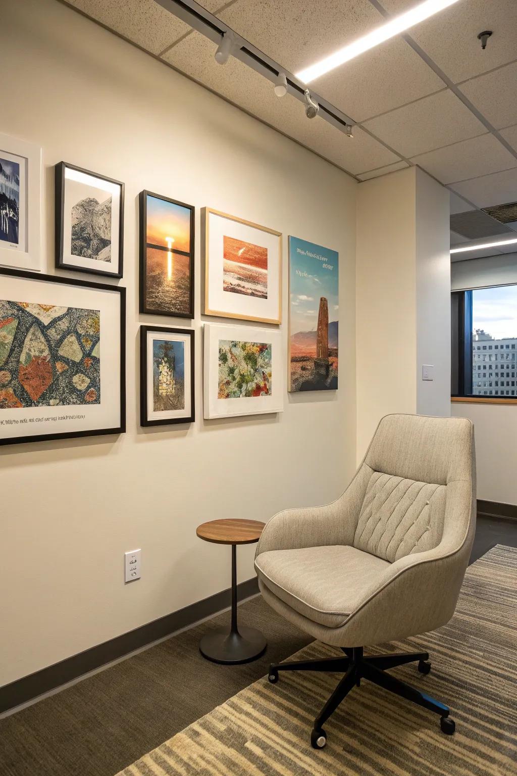 Artwork above the reading chair adds a personal and artistic touch to the space.