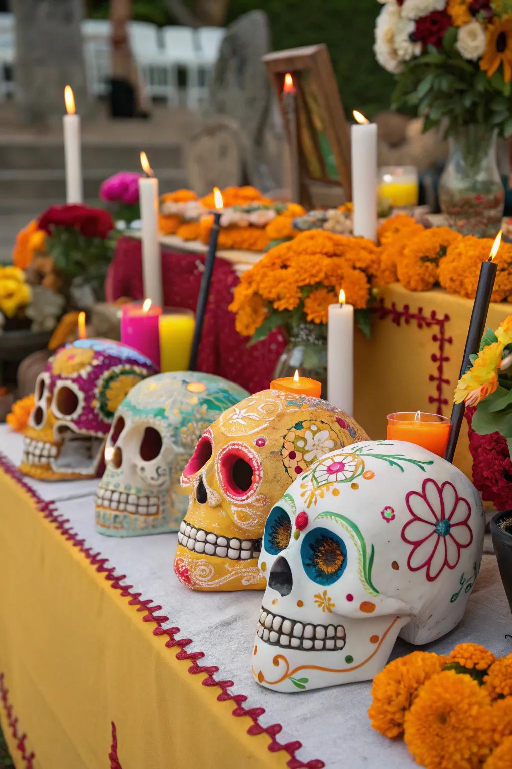 Decorative sugar skulls contribute a playful and customary element to your ofrenda.