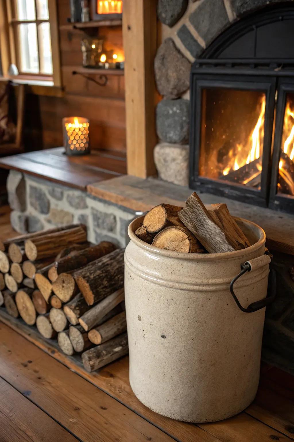 Unite practicality and style with a vessel functioning as a firewood holder.