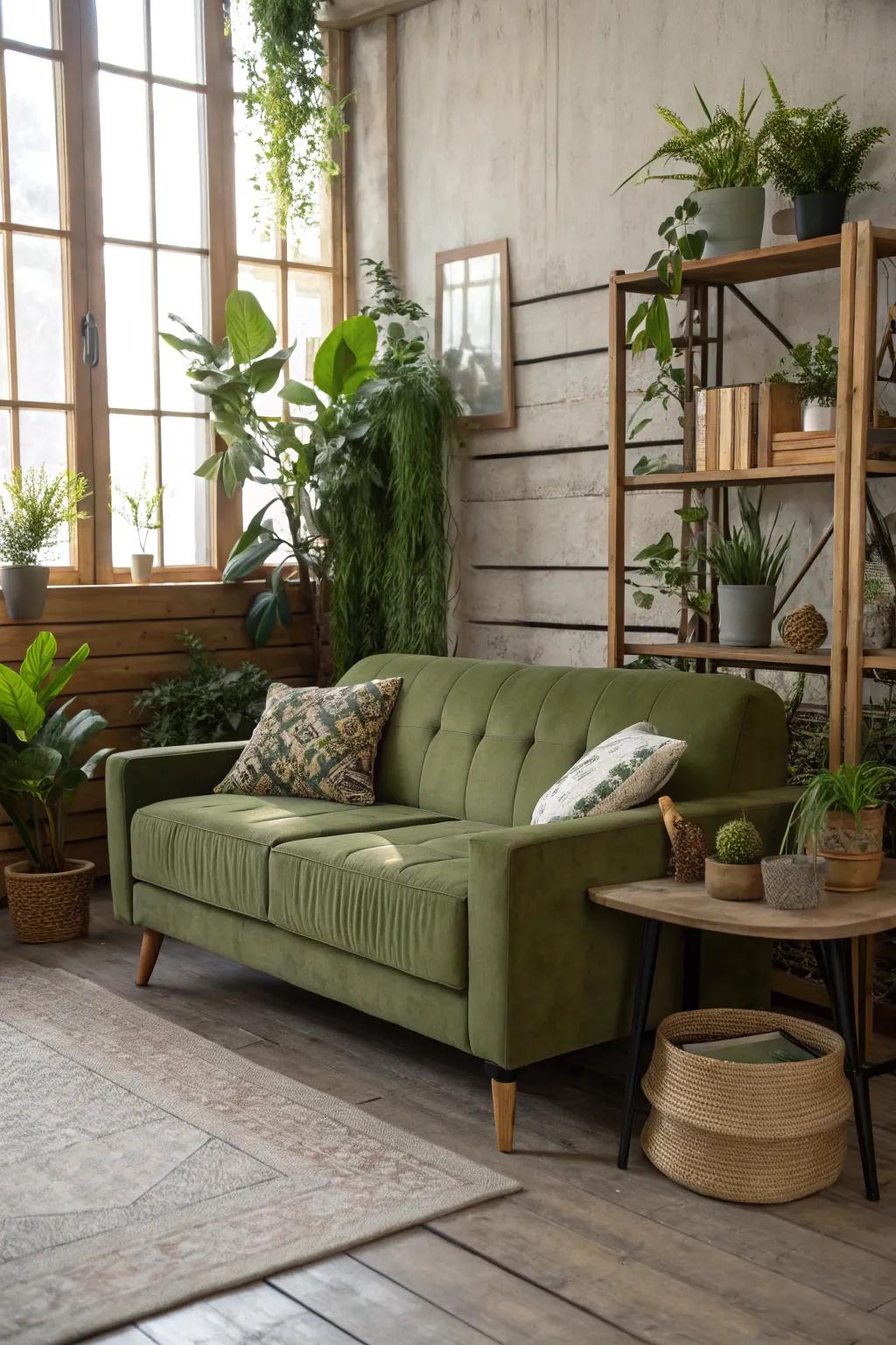 Indoor flora amplifies the natural essence of a forest-shade couch.