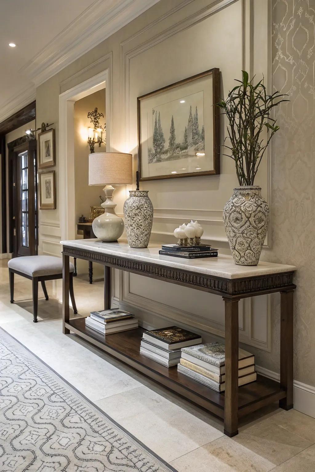 Elegant furniture inside an entrance blends practicality with personal flair.