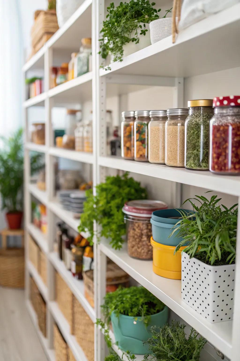 Adding greenery to the racks breathes in a refreshing and vibrant feel.