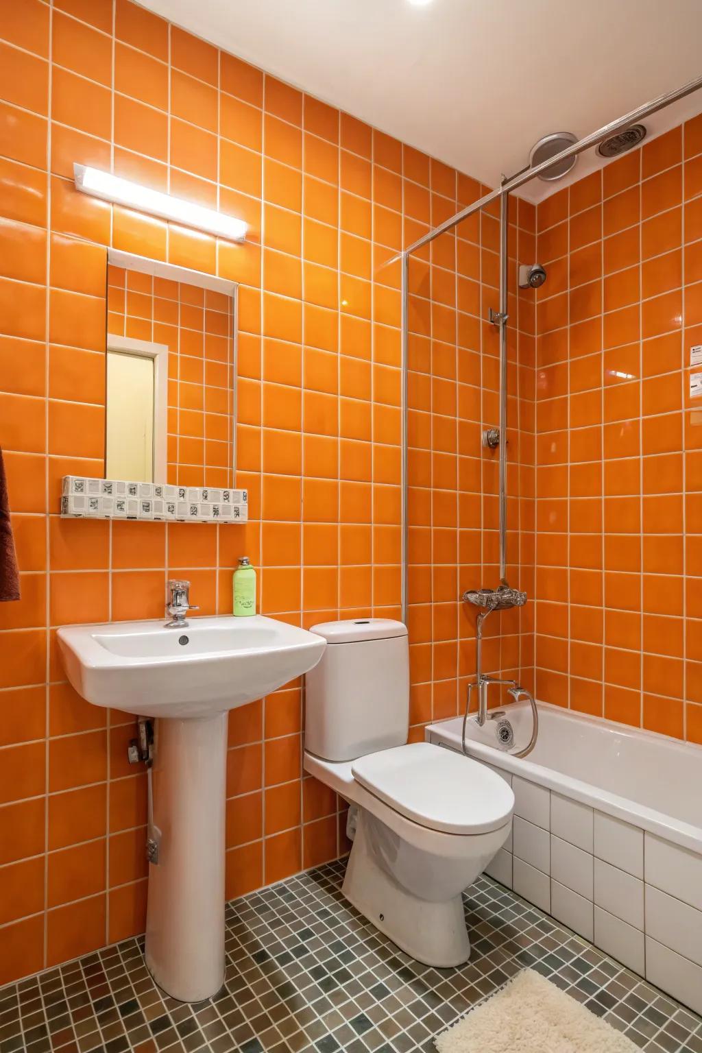A wall adorned with citrus panels infuses visual texture and individual flair into the bathroom.