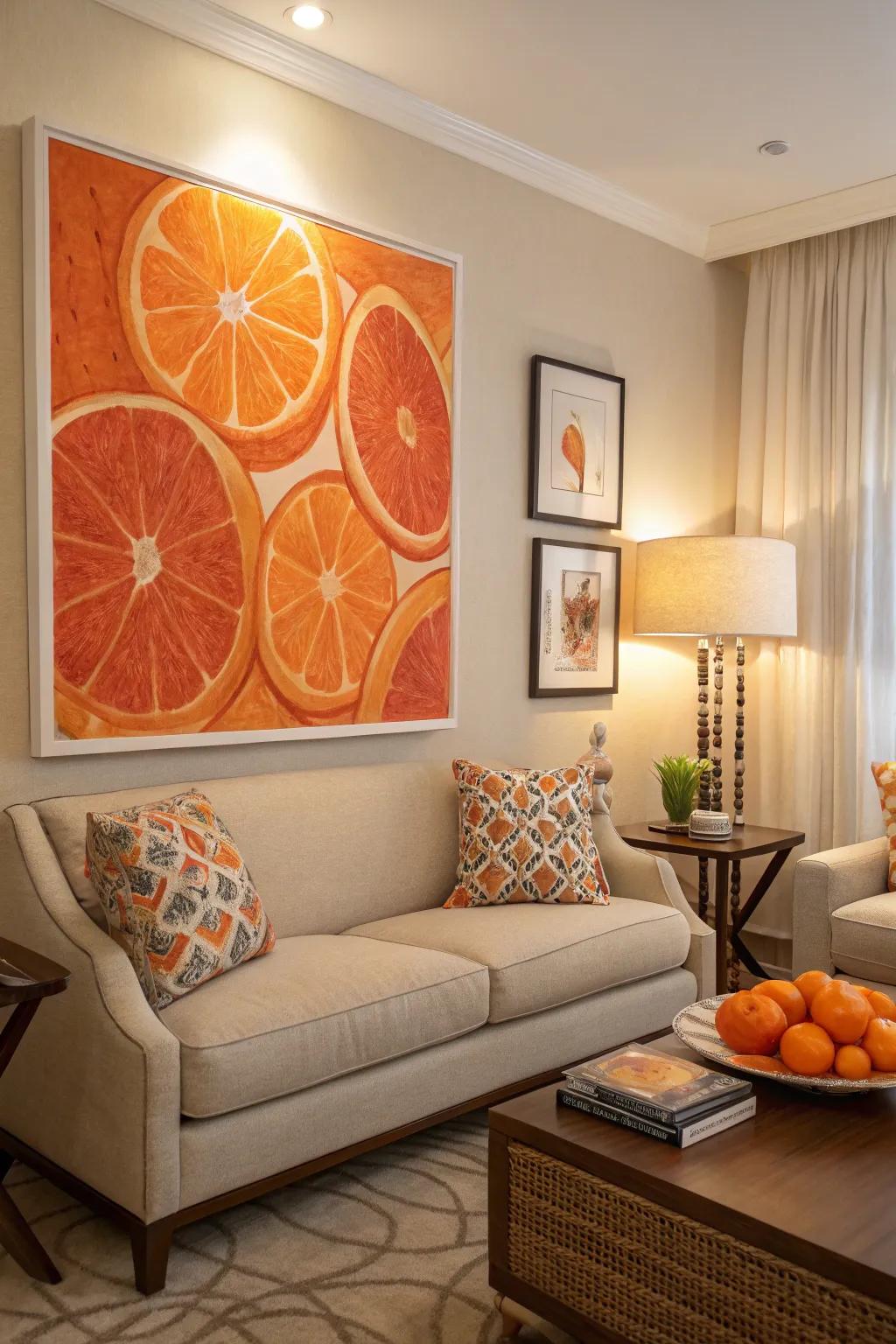 Artwork with tangerine tints elegantly unites the area's color scheme.