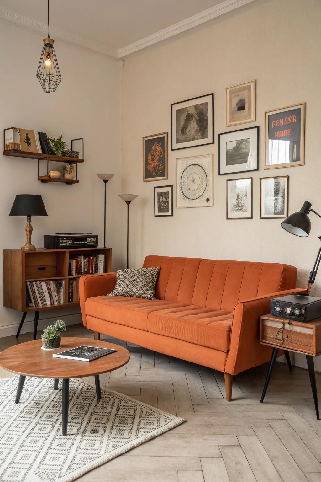 A retro-modern themed living room, complete with a bold coral sofa as its main feature.
