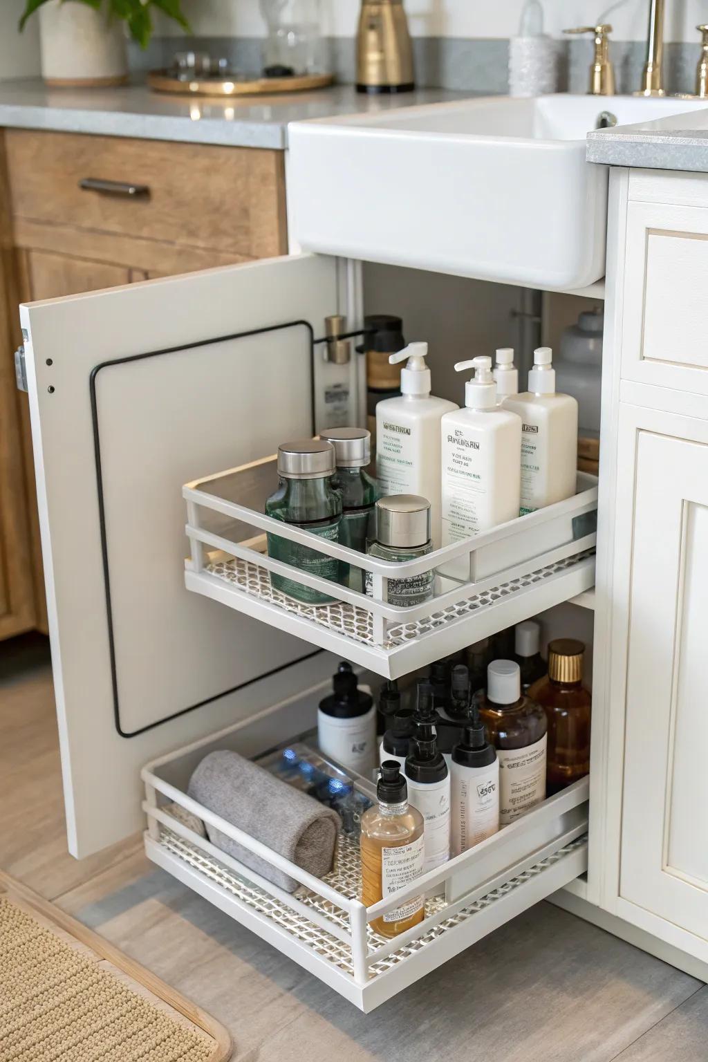 Multi-level shelves make the most of the vertical space under your sink.