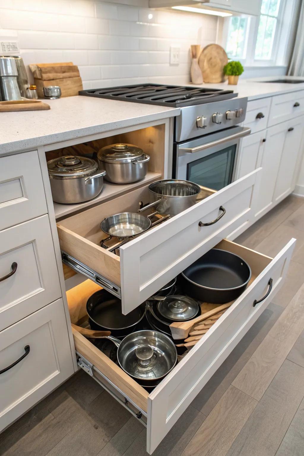 Sliding drawers provide effortless access to pots and pans.