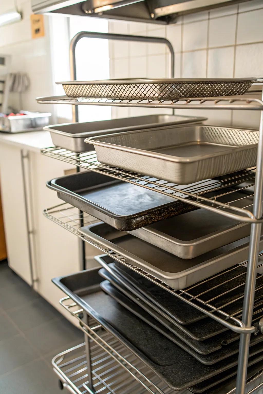 Effective space use by standing baking boards on wire frames.