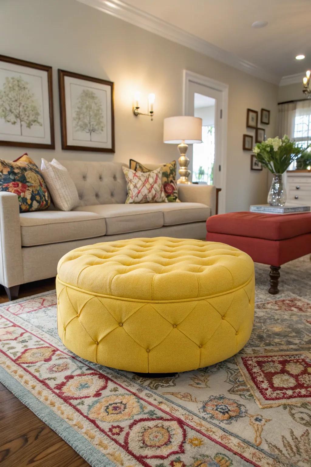 A vibrant ottoman introducing energy to the space