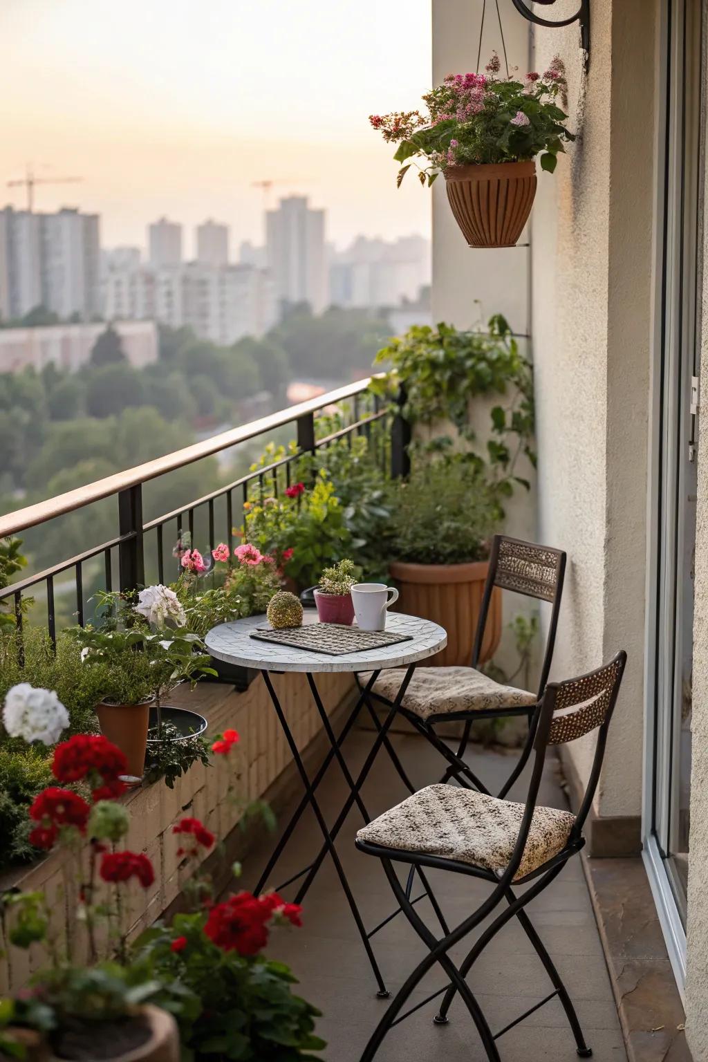 Change a confined balcony into a cozy escape with a small dining arrangement.