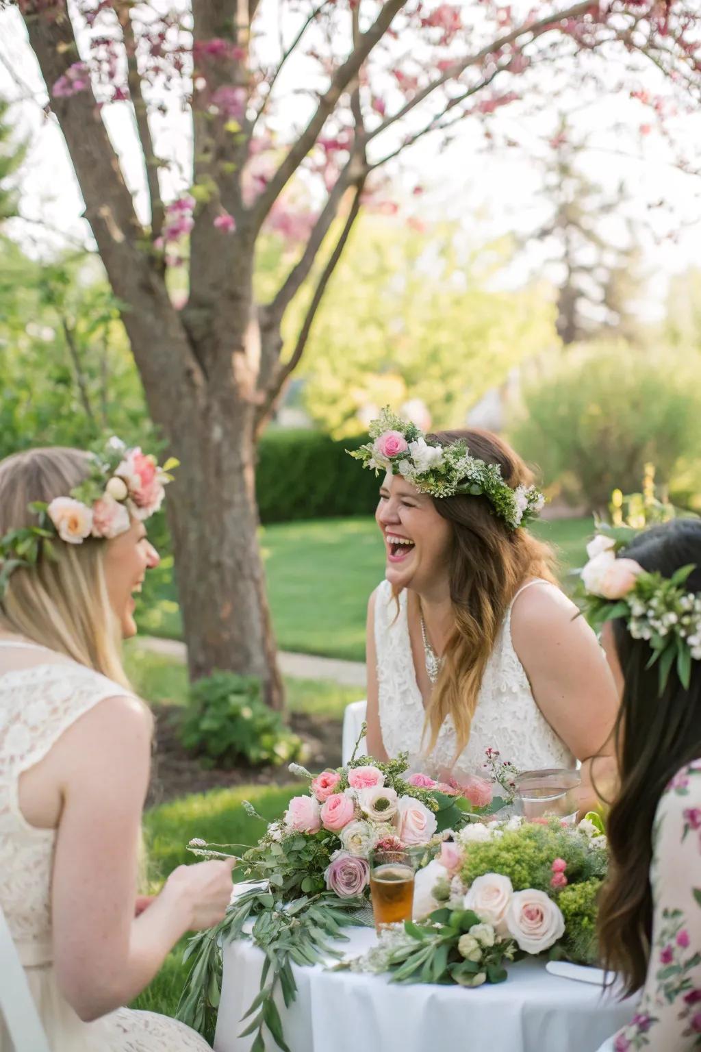 Visitors creating elegant floral halos for a hint of bohemian chic.