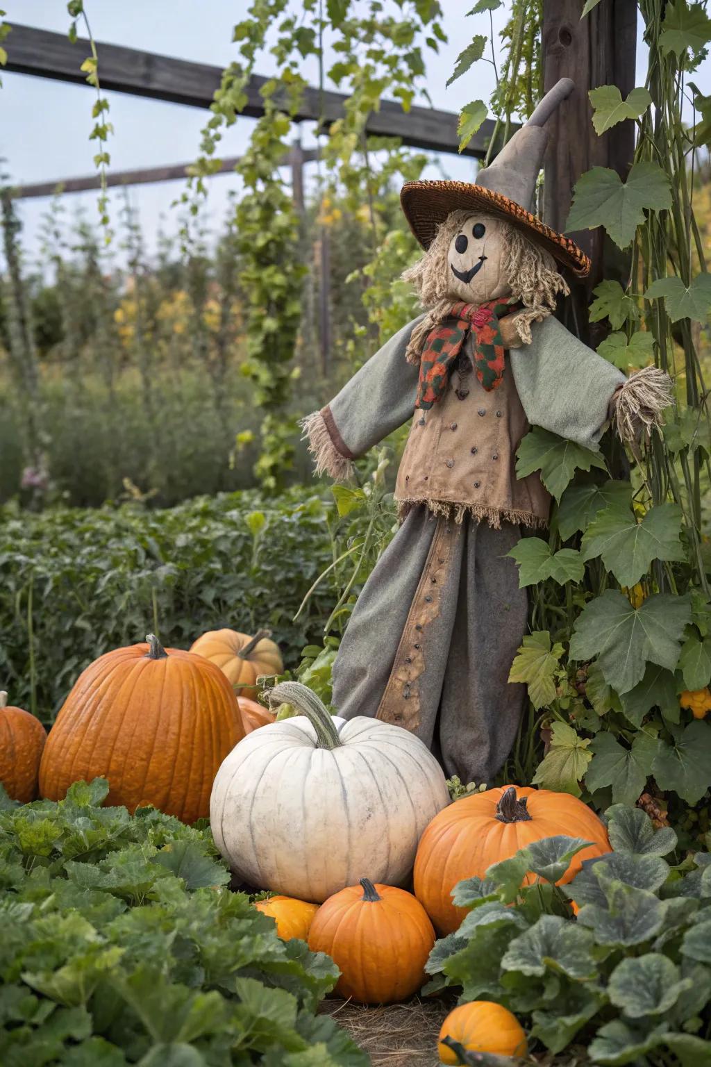 A straw figure settled among squashes injects a playful aspect.