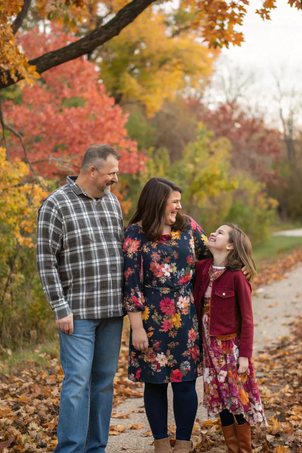 Botanical patterns add a hint of romance to fall family photos.