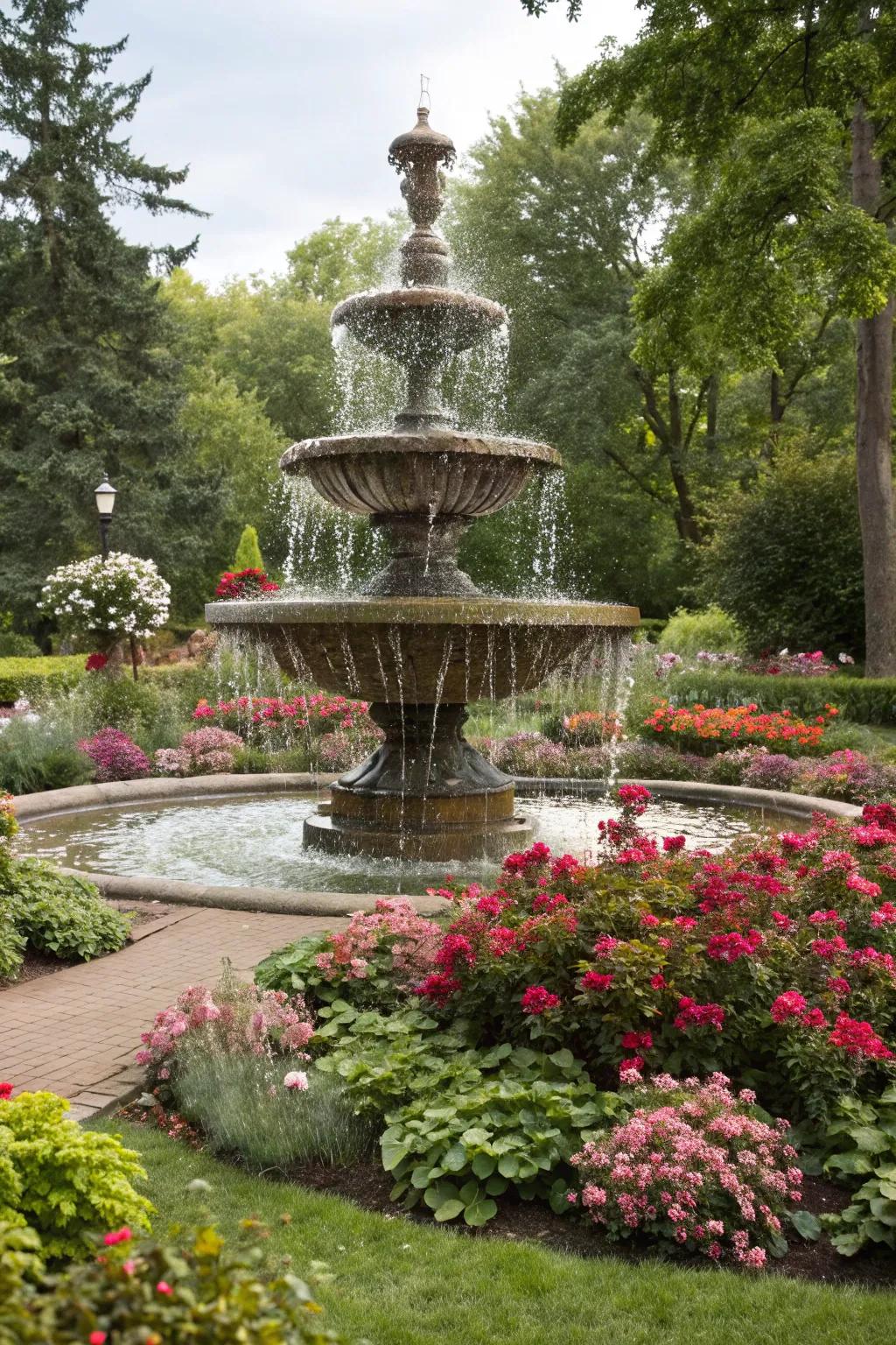 A multi-tiered fountain producing an entrancing cascade.