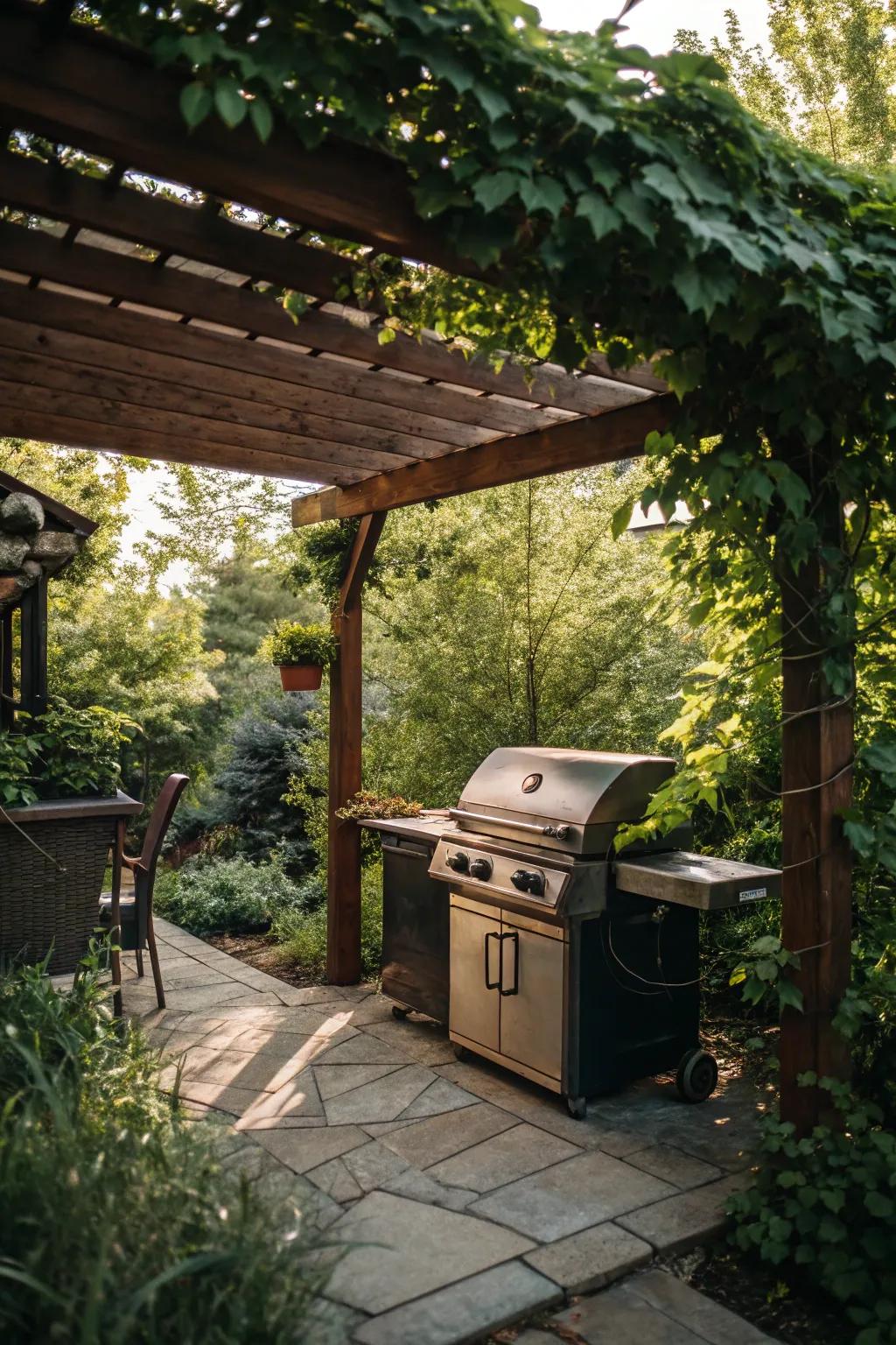 A pergola adds shade and charm to your grilling station.