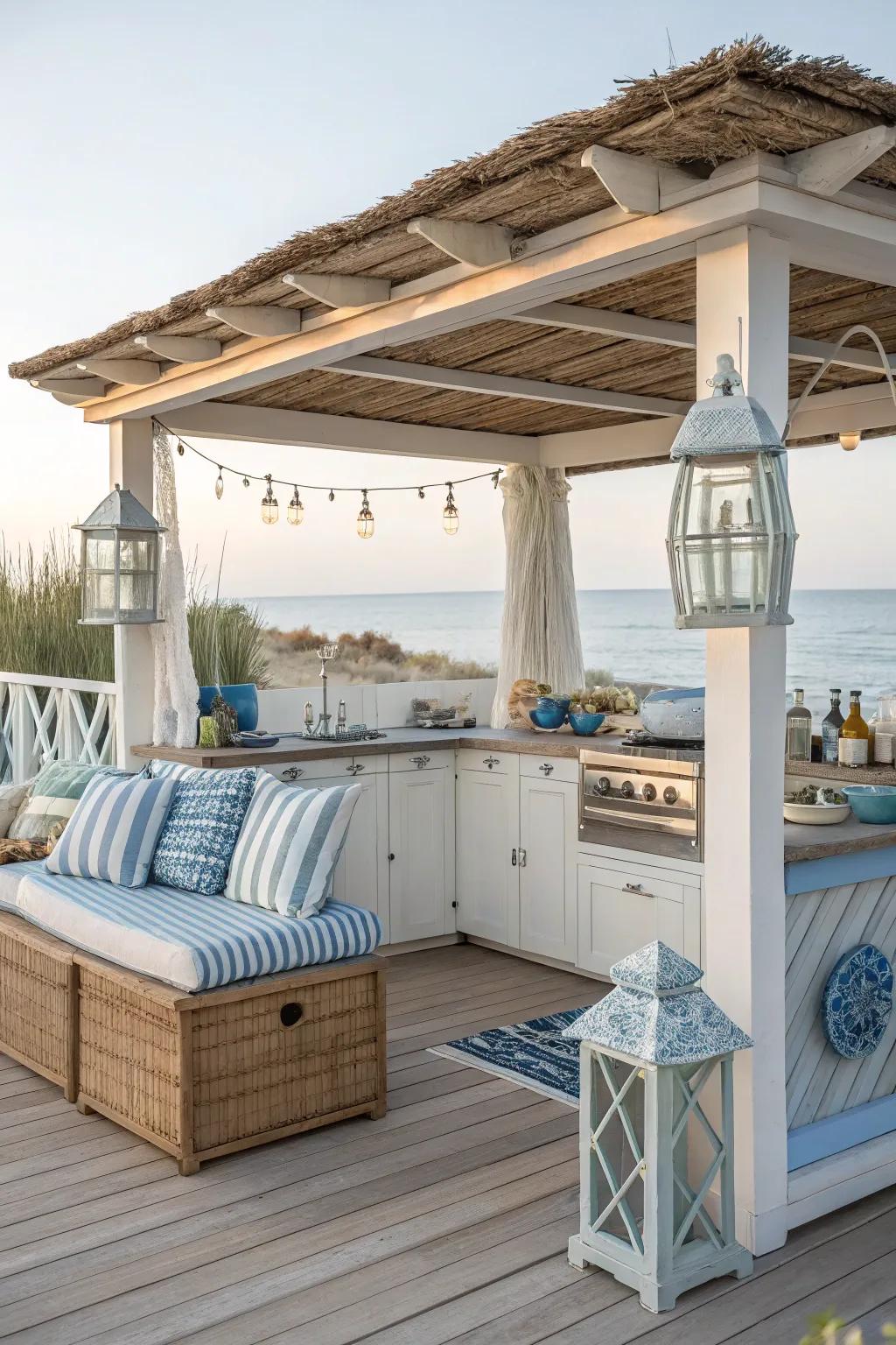 Bask in ocean breezes with a coastal retreat outdoor kitchen gazebo.