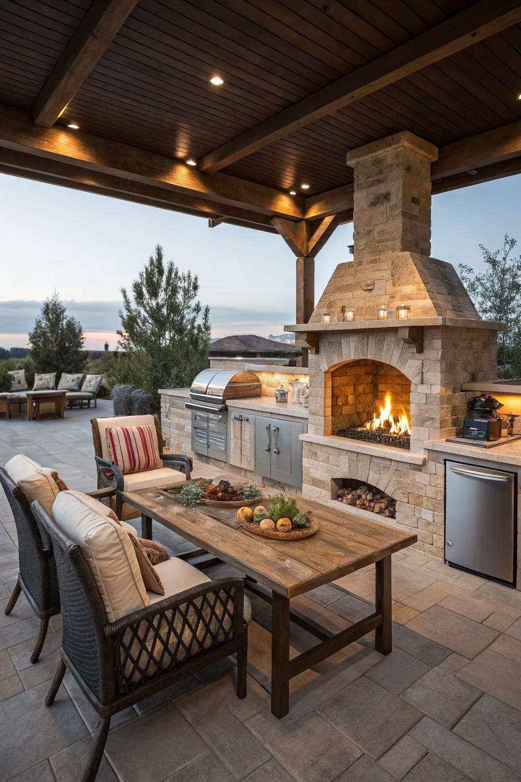 A stylish outdoor kitchen island featuring an integrated fireplace, perfect for evening gatherings.