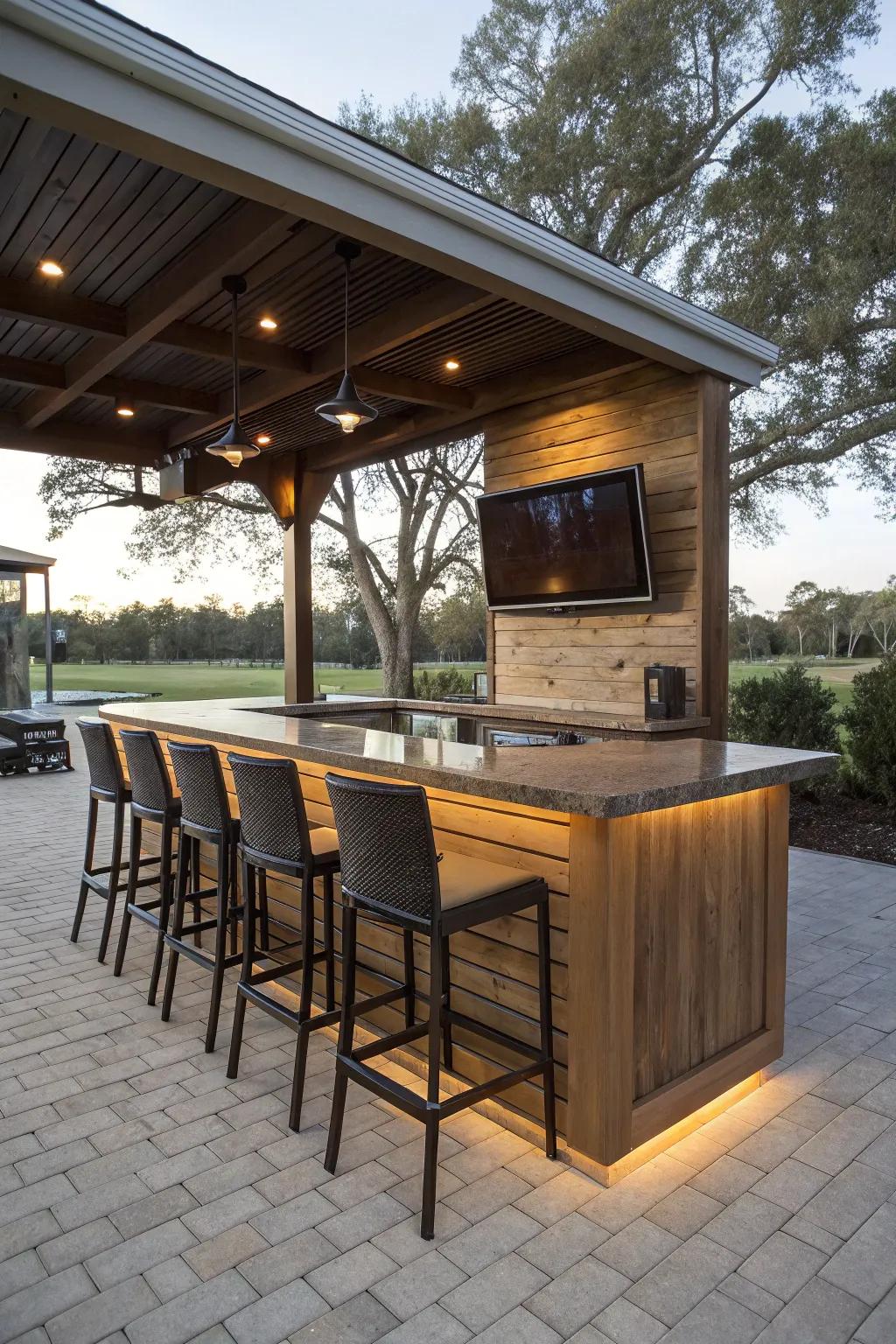 A bar island with a built-in TV establishes a superb social center in your outdoor space.