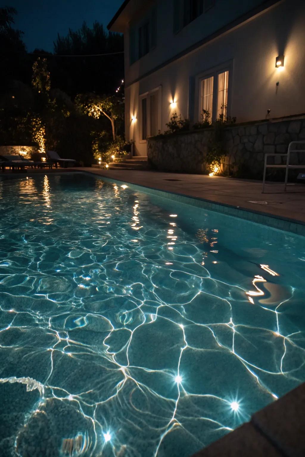 Underwater lights fashion a mesmerizing radiance, turning the pool into a central point.
