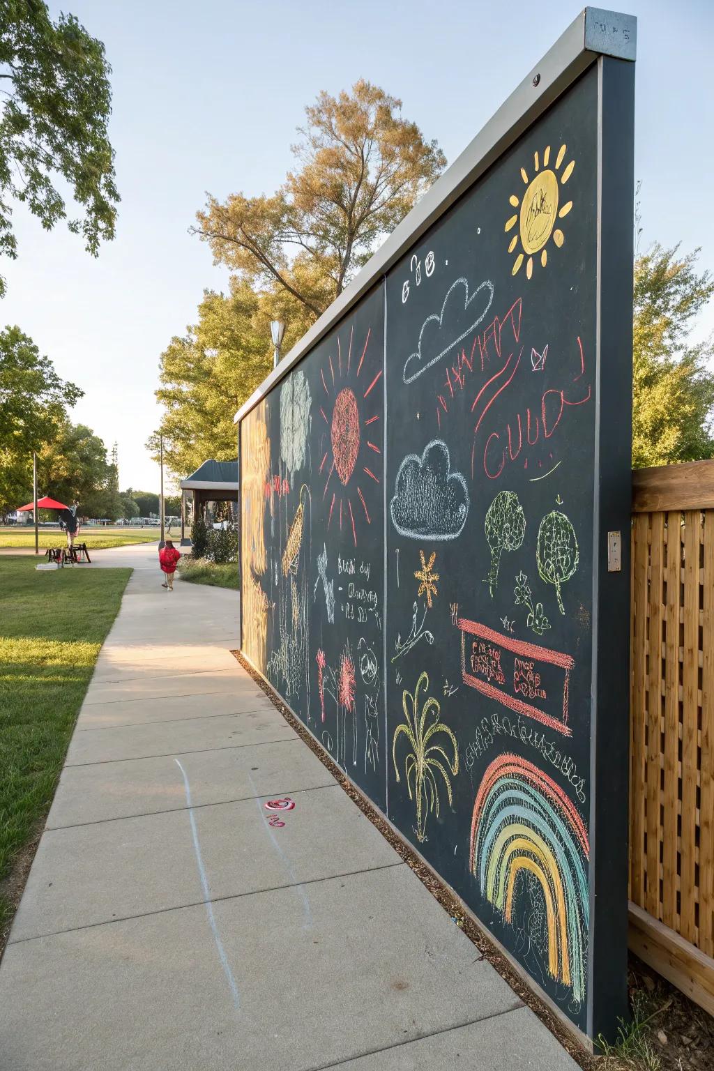 Outdoor chalkboard inspires creative expression.