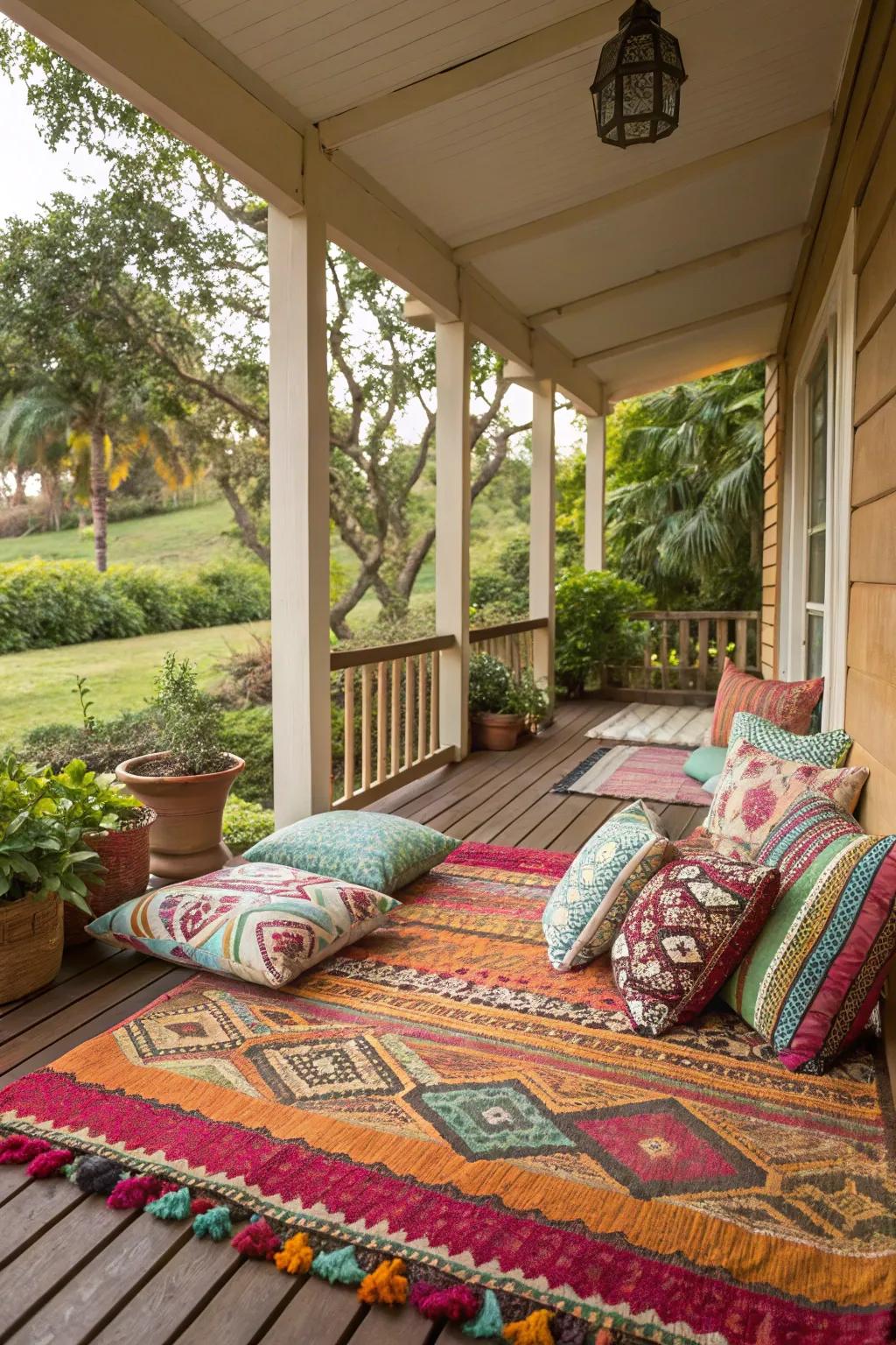 Vibrant woven materials inject a hint of warmth and personality into this porch.