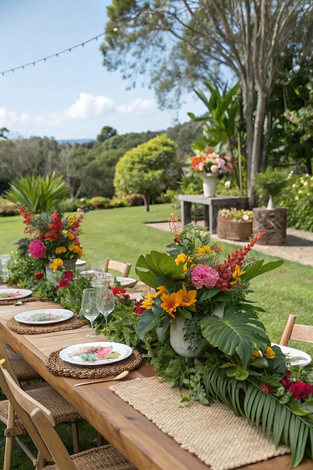 Luxurious blossom centerpieces contribute nature's splendor to the dining space.