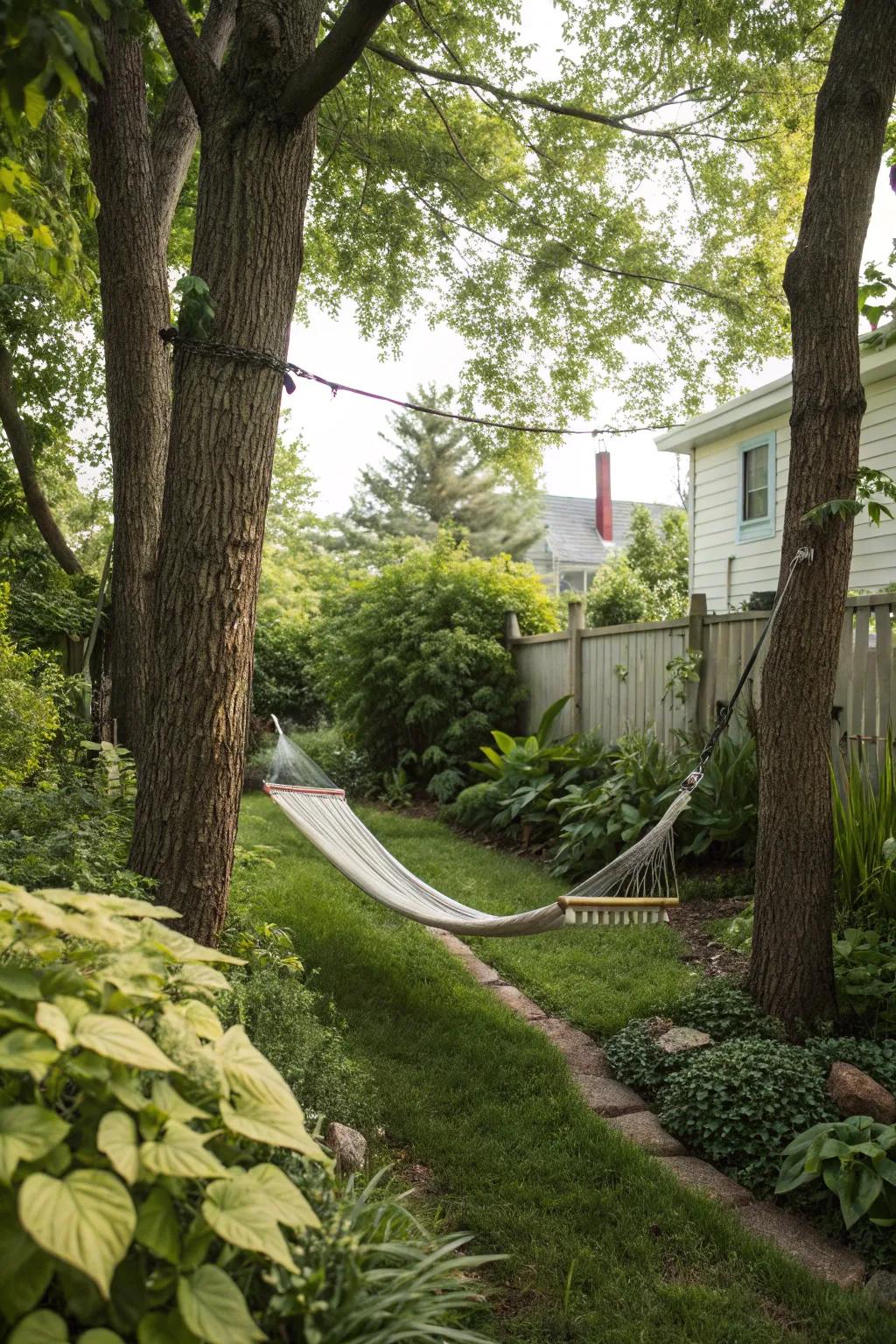 A hammock beckons you to relax and savor the tranquility of your backyard.